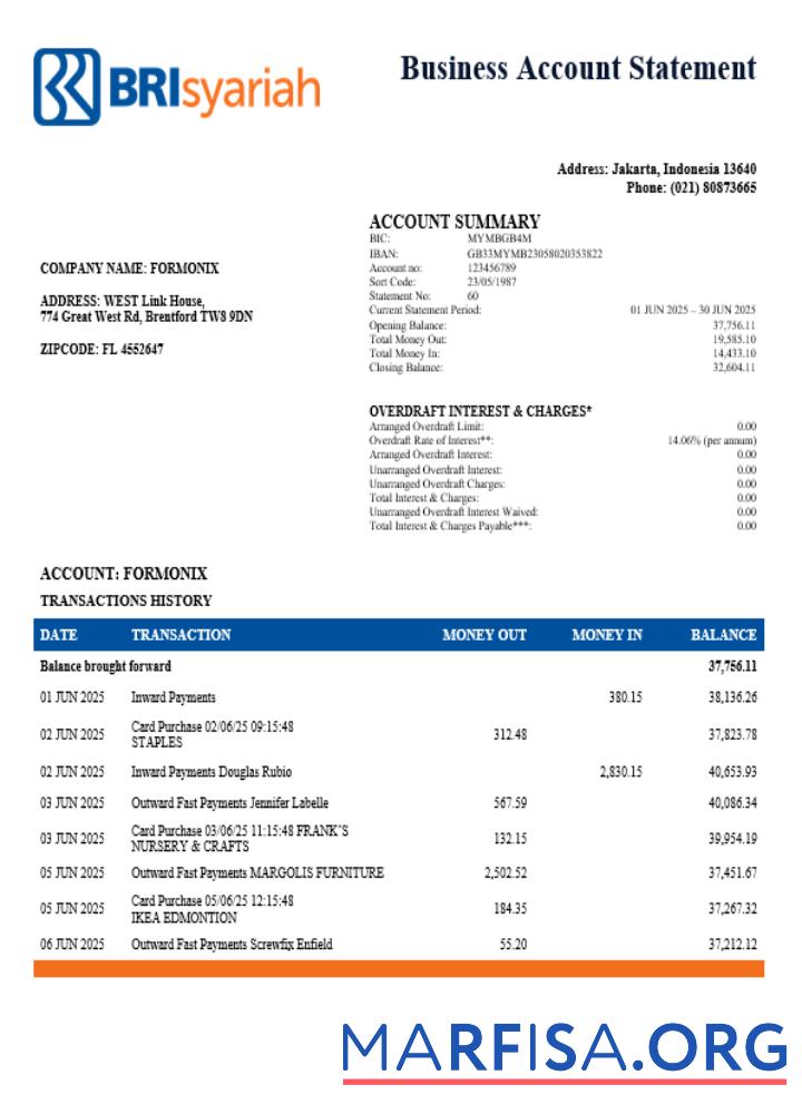 Printable BRIsyariah business firm statement Word and PDF format sample